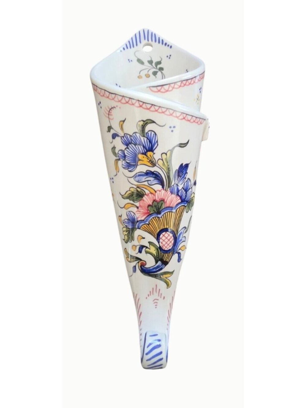 R Delarue Desvres Faience Wall Pocket Bouquetiere Rouen Decor France 8"